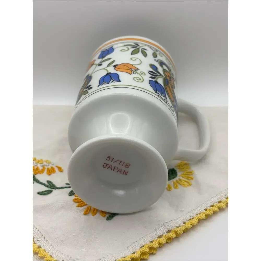 Vintage 1970s Pedestal Mug with Floral Design, Blue and Orange Coffee Cup